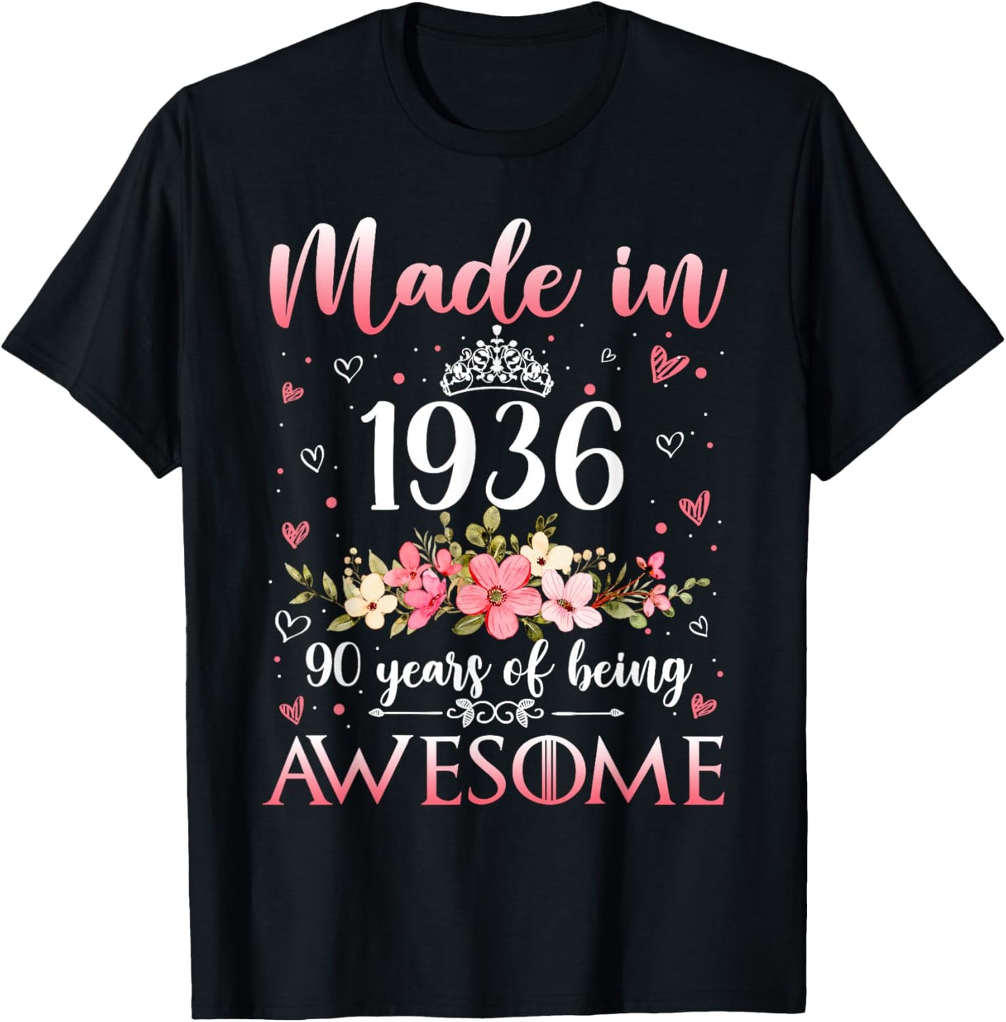 90 Year Old Made in 1936 Floral Funny 90th Birthday Women T-Shirt - T-Shirt | Black