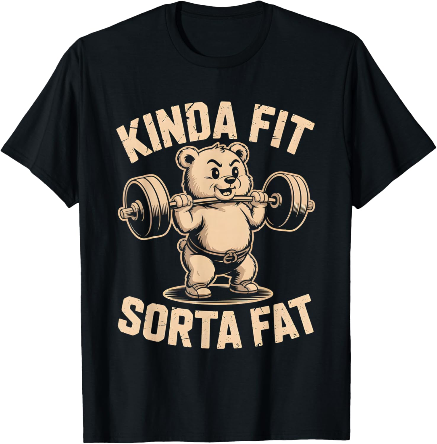 Kinda Fit Sorta Fat Funny Cute Bear Weightlifter Workout Gym T-Shirt - T-Shirt | Black