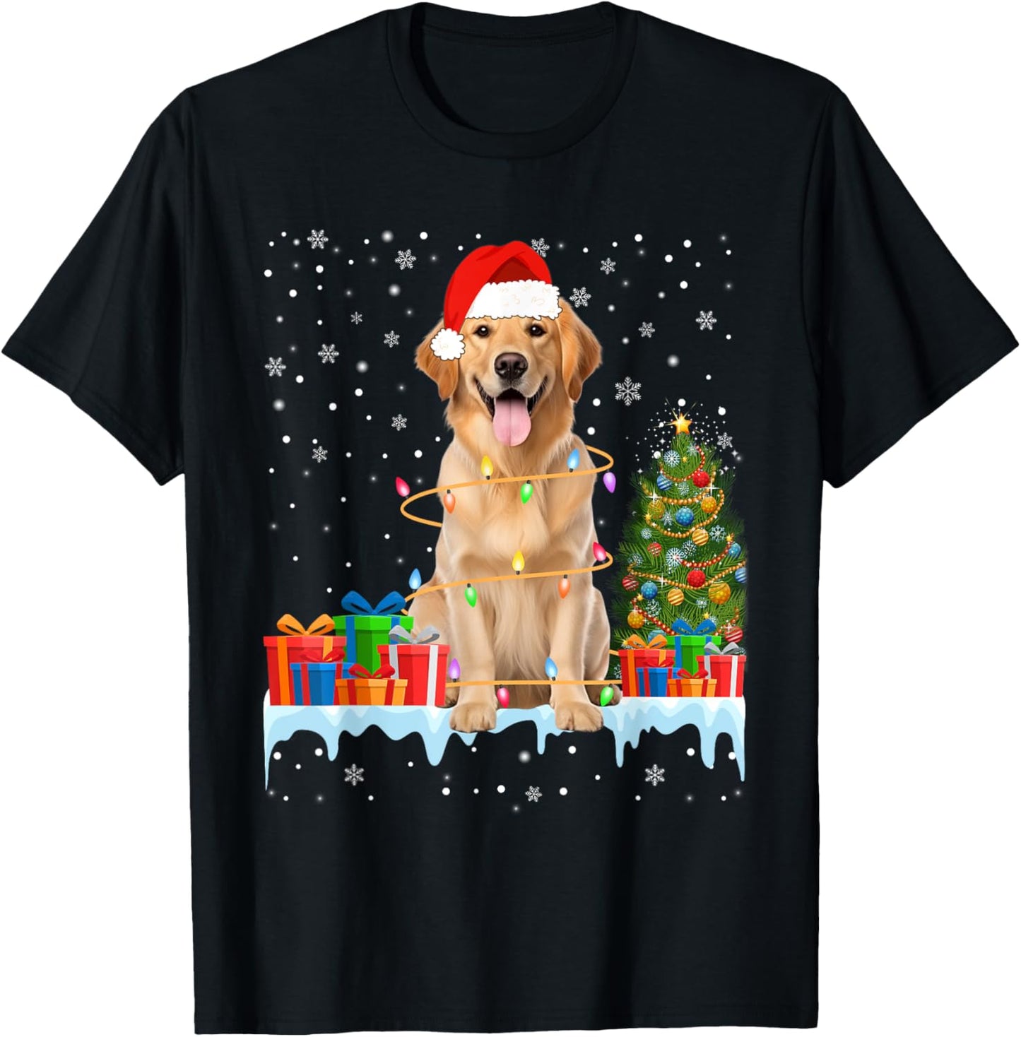 Santa Golden Retriever Dog Christmas Lights Xmas Pajamas Men Women Kids T-Shirt - T-Shirt | Black