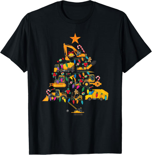 Construction Excavator Christmas Tree Xmas Men Kids T-Shirt - T-Shirt | Black