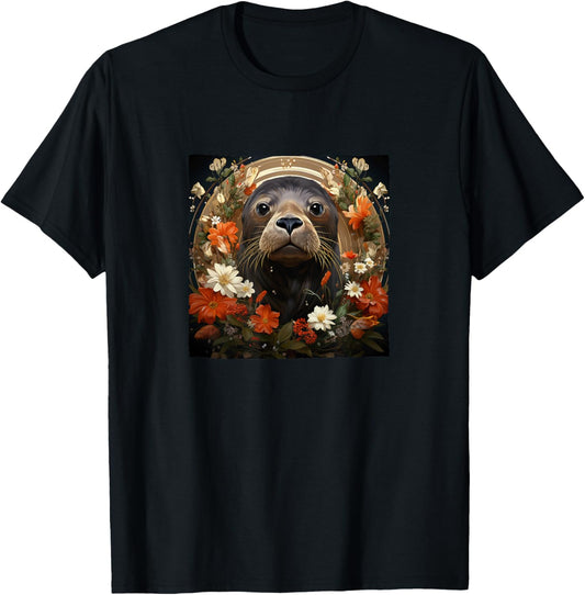 Seal With Flowers Around Boho Style Graphic T-Shirt - T-Shirt | Black