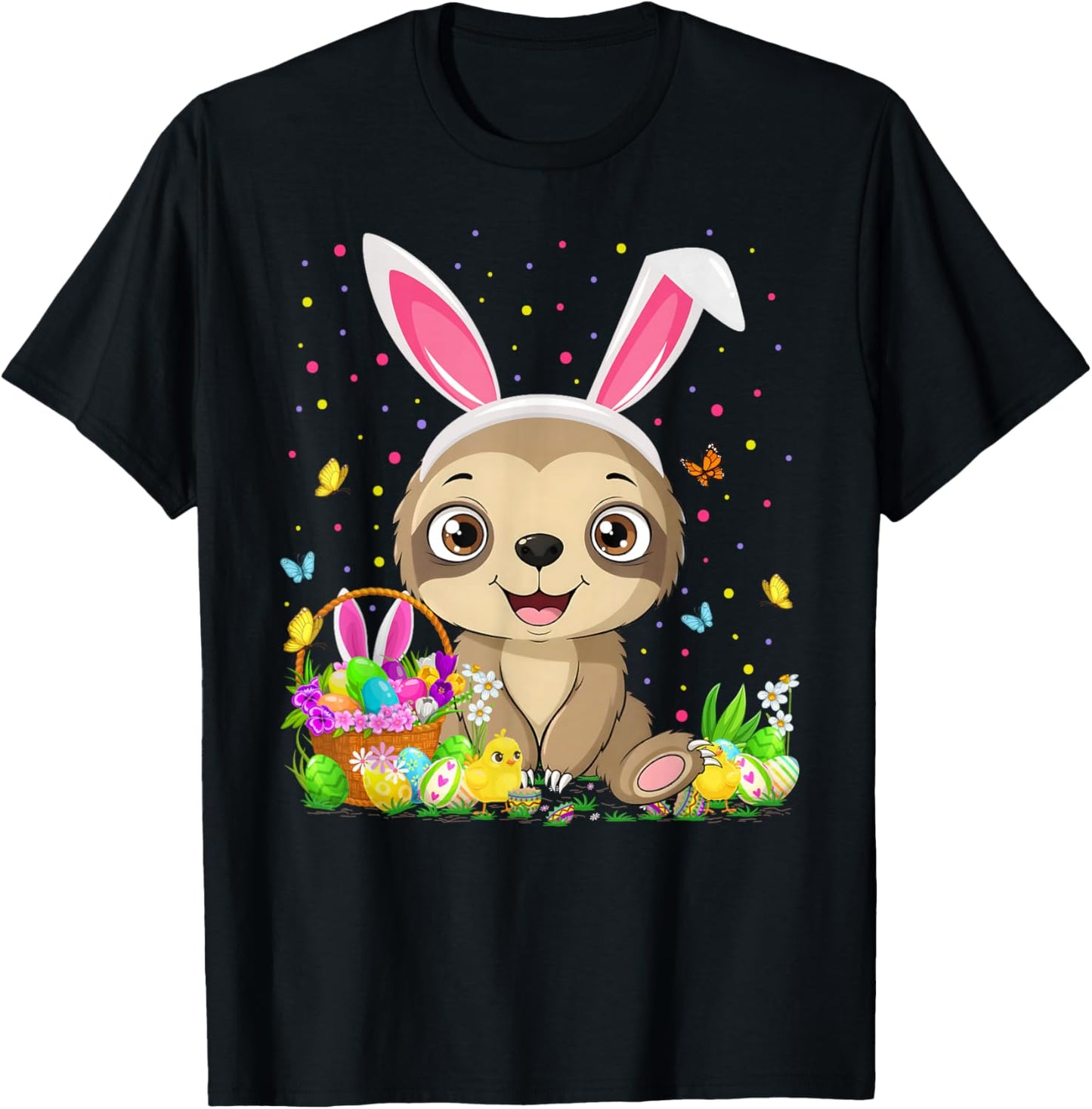 Cute Sloth Easter Egg Hunt Bunny Ear Sloth Happy Easter T-Shirt - T-Shirt | Black