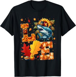 LOVE Thanksgiving Shark Fall Leaves Sunflower Sea Animals T-Shirt - T-Shirt | Black