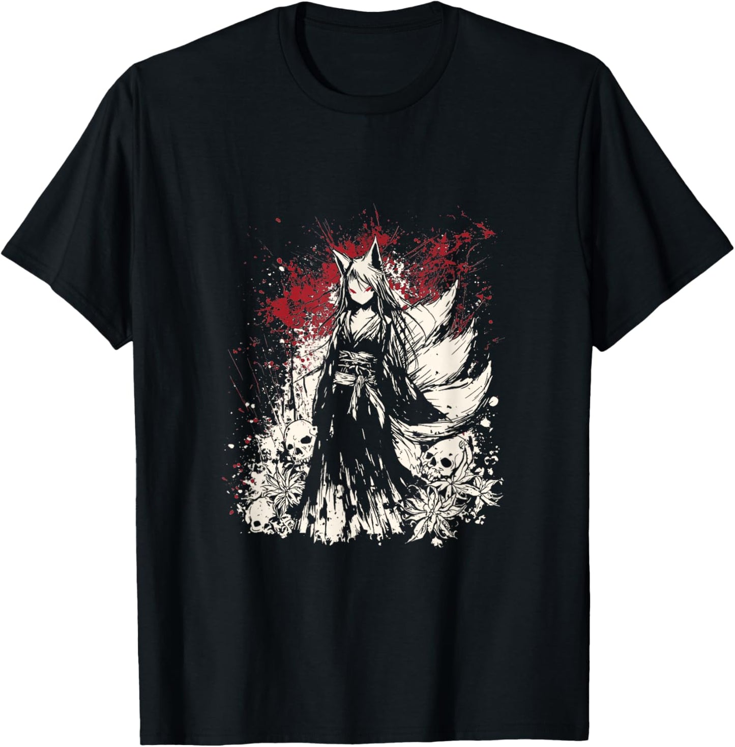 Kitsune Geisha Fox Mask Japanese Gothic Horror Aesthetic T-Shirt - T-Shirt | Black