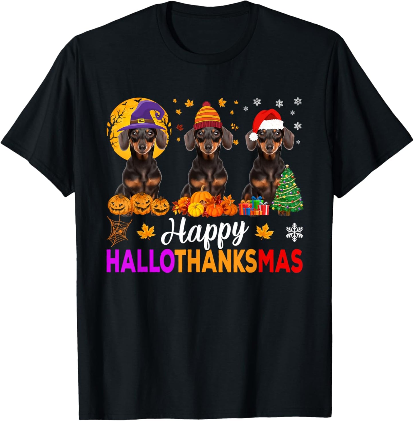 Dachshund Dog Halloween Christmas Hallothanksmas Women Kids T-Shirt - T-Shirt | Black