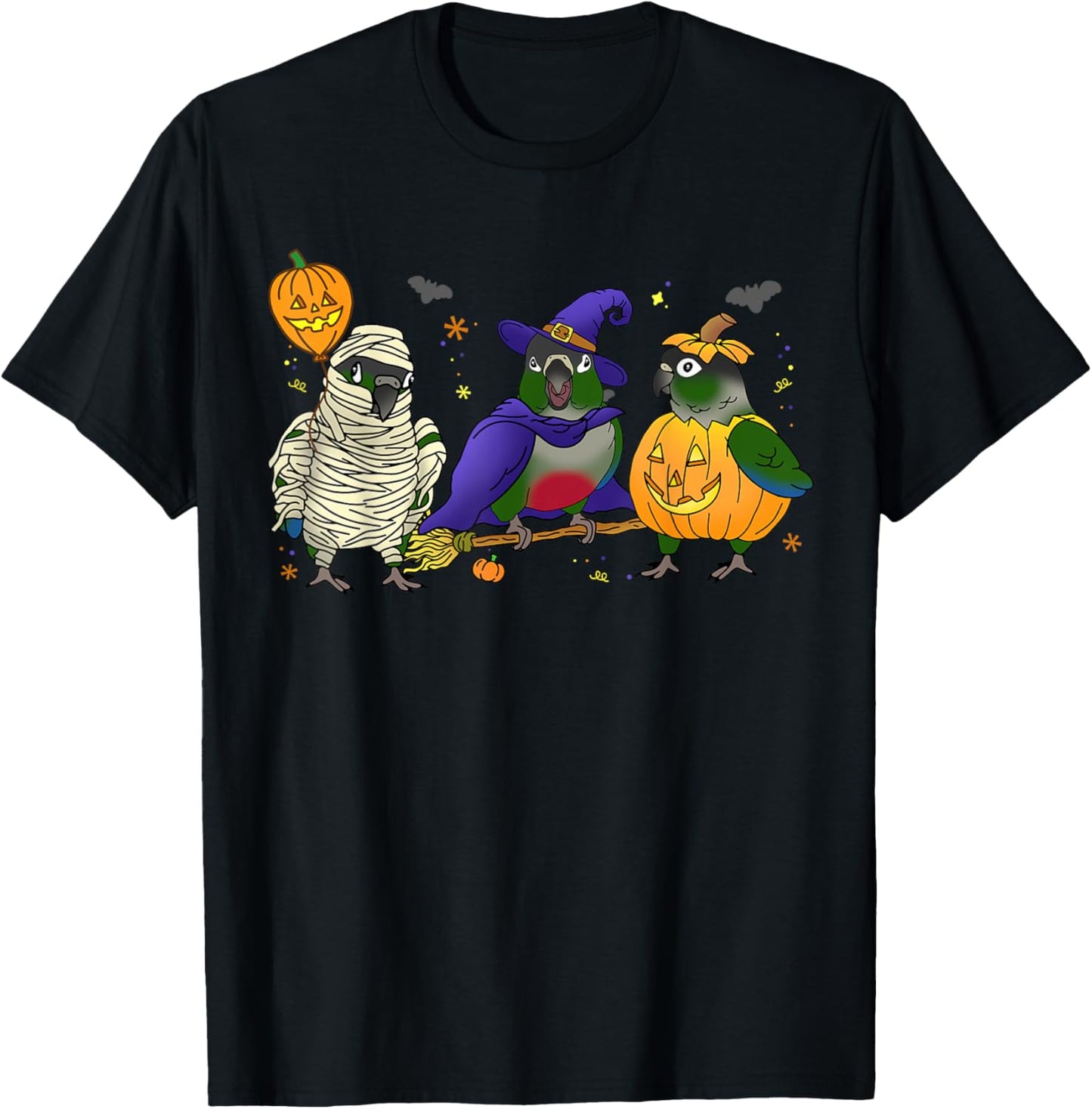 Halloween parrot Green Cheek Conure Pumpkin Mummy Witch Birb T-Shirt - T-Shirt | Black