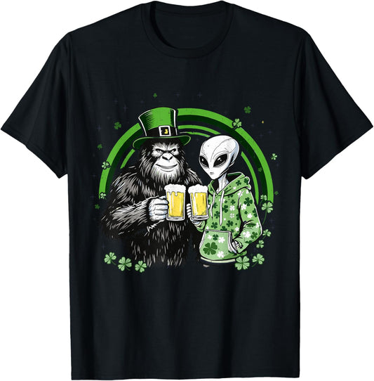 bigfoot and alien Sasquatch St Patricks Day Funny Irish Beer T-Shirt - T-Shirt | Black
