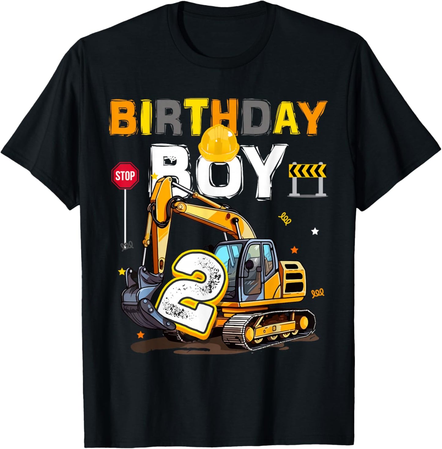 2nd Birthday Boy 2 Years Old Excavator Two Decorations T-Shirt - T-Shirt | Black