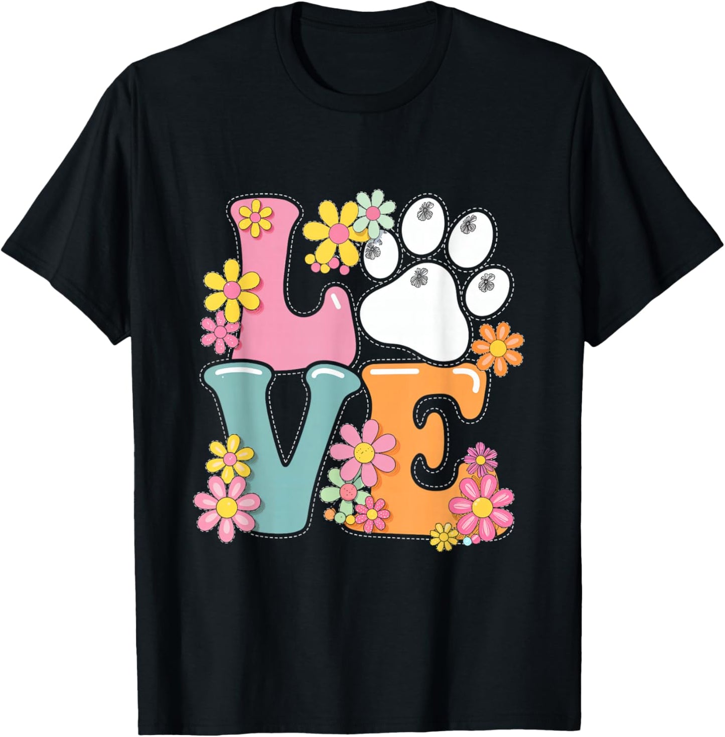 Love Flowers Paw Print Animal Pet Love Kids Women T-Shirt - T-Shirt | Black