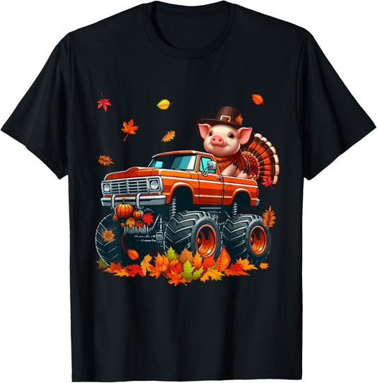 Pig Cosplay Turkey On Monster Truck Thanksgiving Farmer T-Shirt - T-Shirt | Black