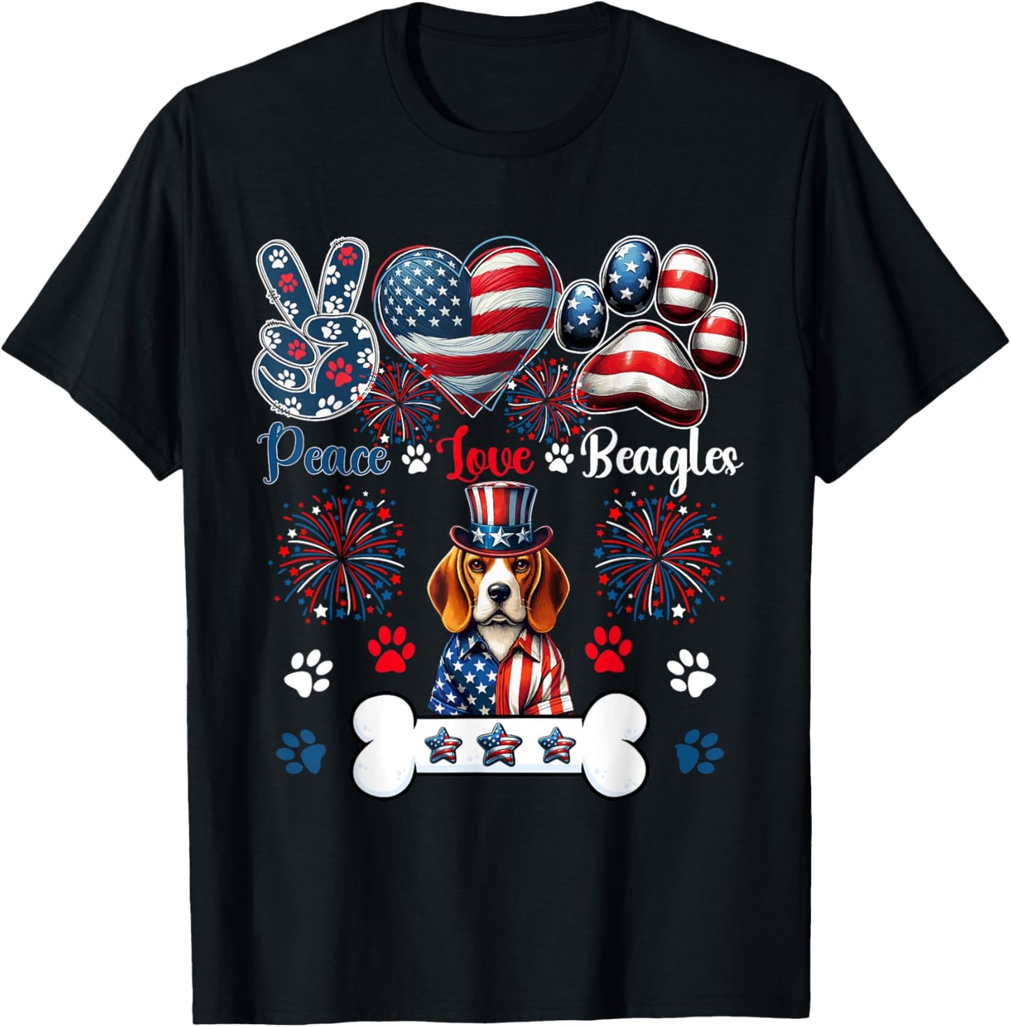 Peace Love Beagles 4th Of July Owner Lover Patriotic T-Shirt - T-Shirt | Black
