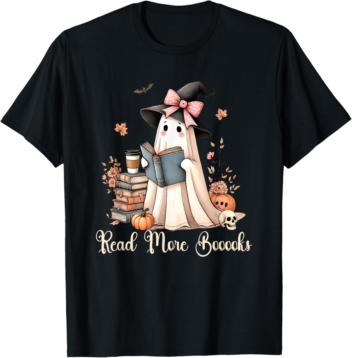 Ghost Reading Book Coquette Bow Halloween Girl Kid Teacher T-Shirt - T-Shirt | Black