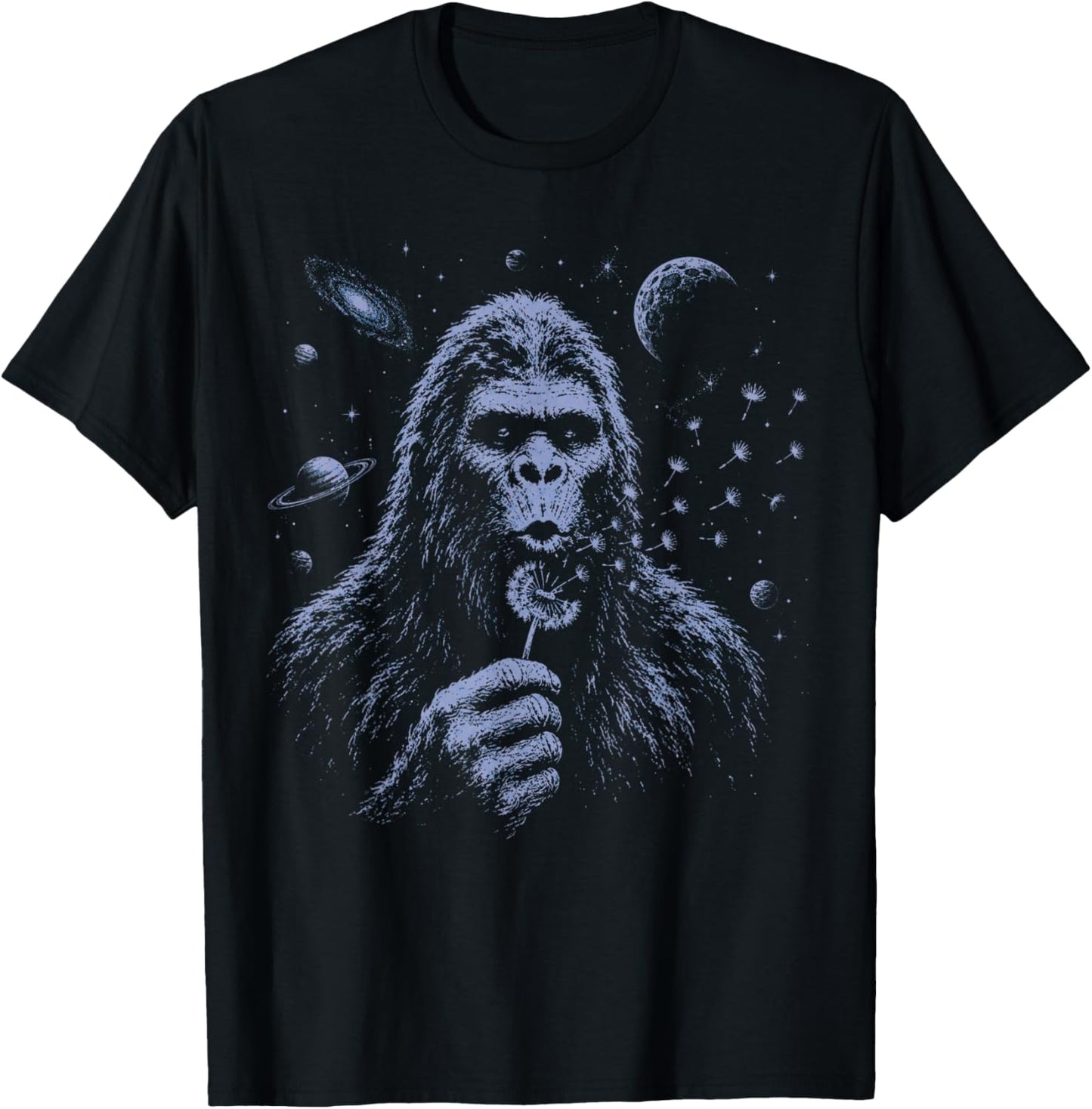 Funny Bigfoot Blowing Dandelion Sasquatch Wishes Vintage Art T-Shirt - T-Shirt | Black