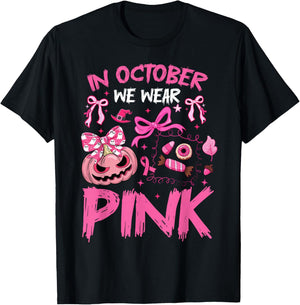 in October We Wear Pink Halloween Breast Cancer Awareness T-Shirt - T-Shirt | Black