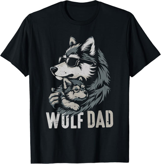 Wolf Dad and Baby Funny Fathers Day Daddy Wolfs Lovers T-Shirt - T-Shirt | Black