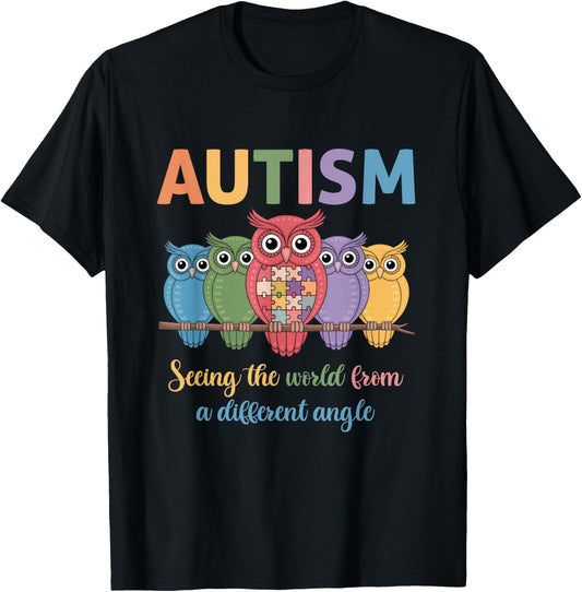 Owl Autism Seeing World Different Angle Awareness Kids & Mom T-Shirt - T-Shirt | Black