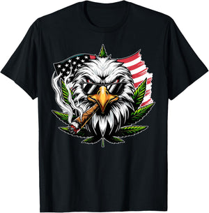 Eagle Smoking Marijuana Us Flag 4th Of July Cannabis Leaf T-Shirt - T-Shirt | Black