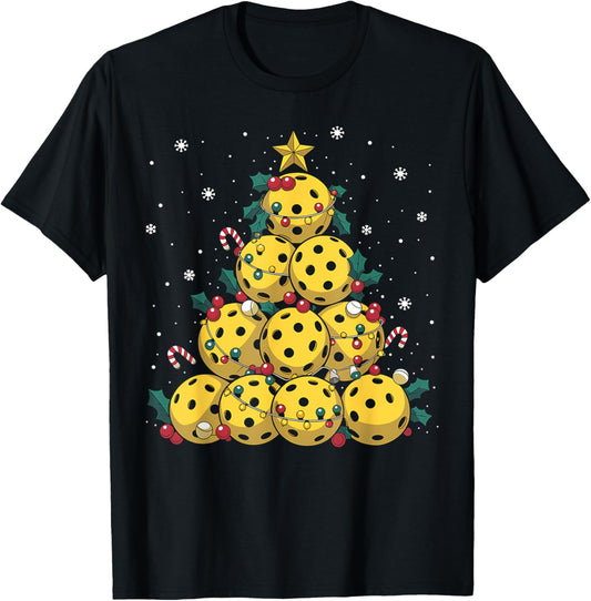 Funny Pickleball Christmas Tree Lights Christmas Men Women T-Shirt - T-Shirt | Black