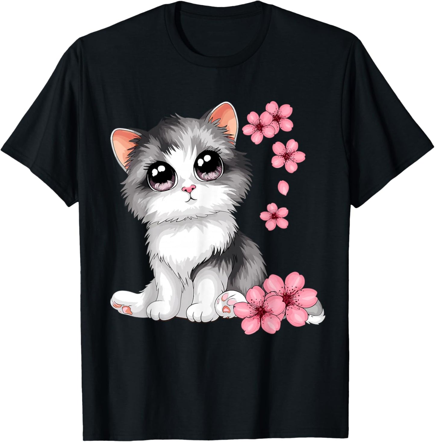 Cute Cat With Cherry Blossoms Cat T-Shirt - T-Shirt | Black