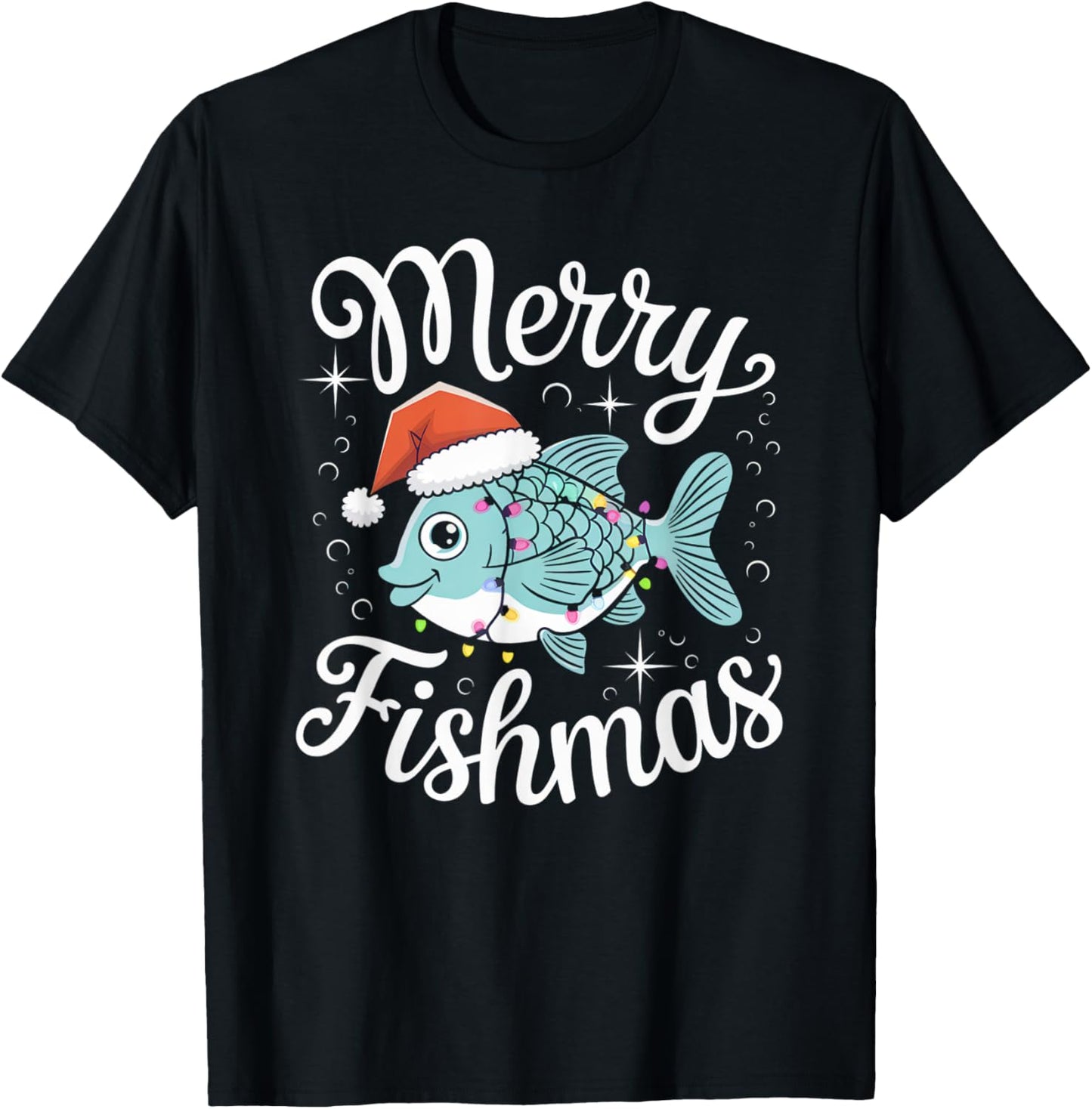 Merry Fishmas Cute Fish Christmas Decor with Santa Hat and T-Shirt - T-Shirt | Black