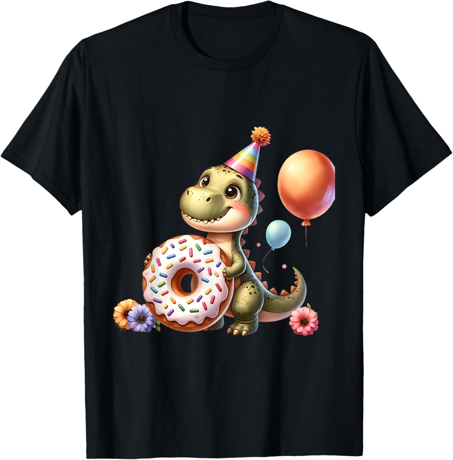 Cute Dinosaur with Donut Birthday Celebration T-Shirt - T-Shirt | Black