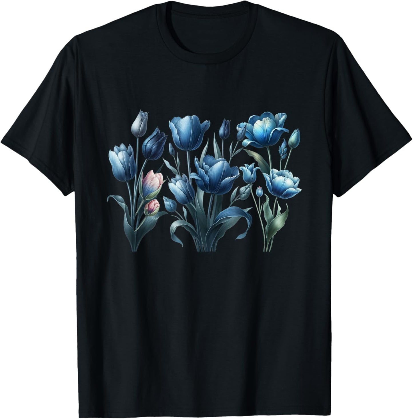 Vintage Blue Tulips Flower Blossoms Delight Florist Gardener T-Shirt - T-Shirt | Black