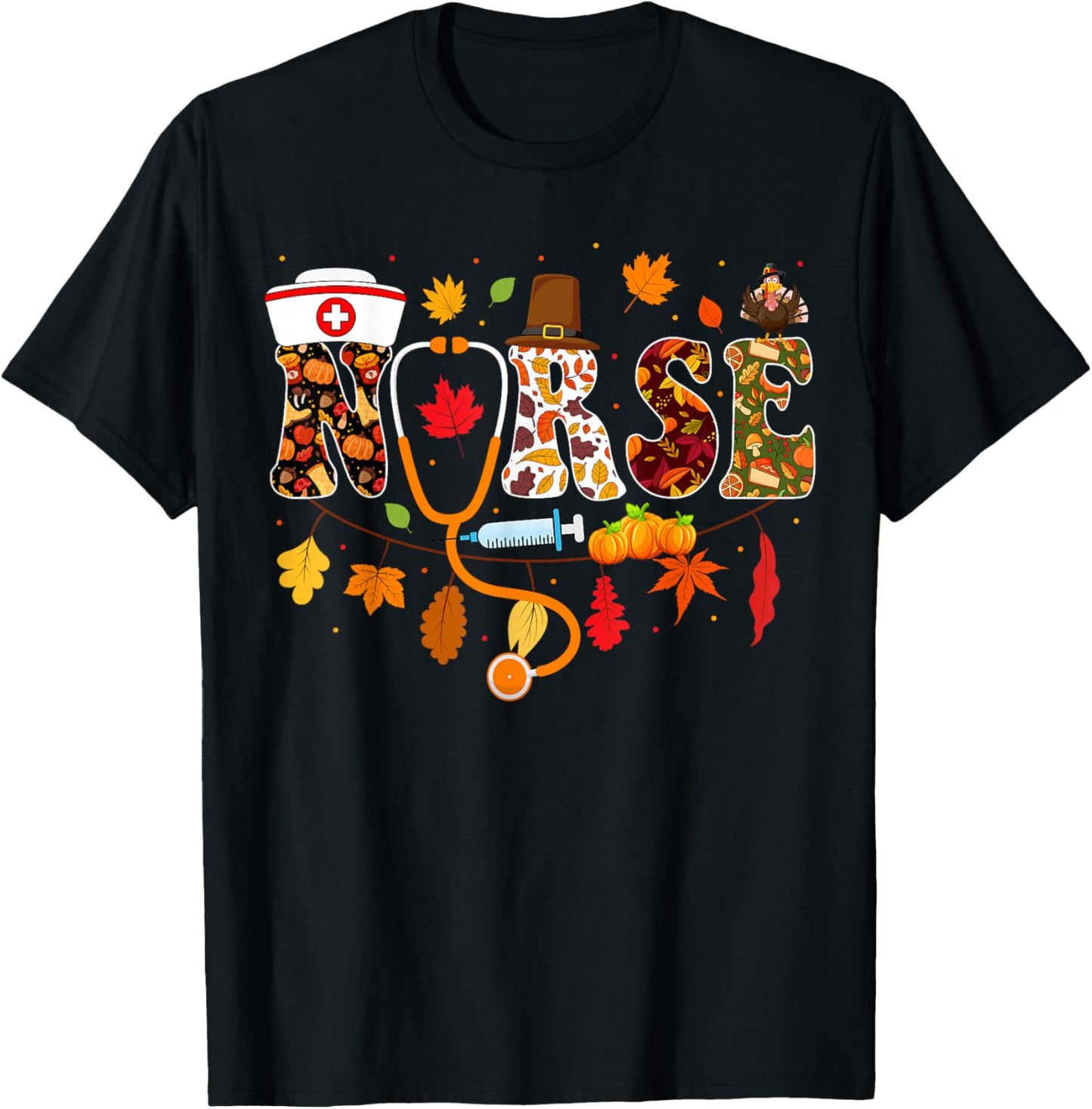 Thanksgiving Nurse Fall Nursing Thanksgiving Nurse Turkey RN T-Shirt - T-Shirt | Black