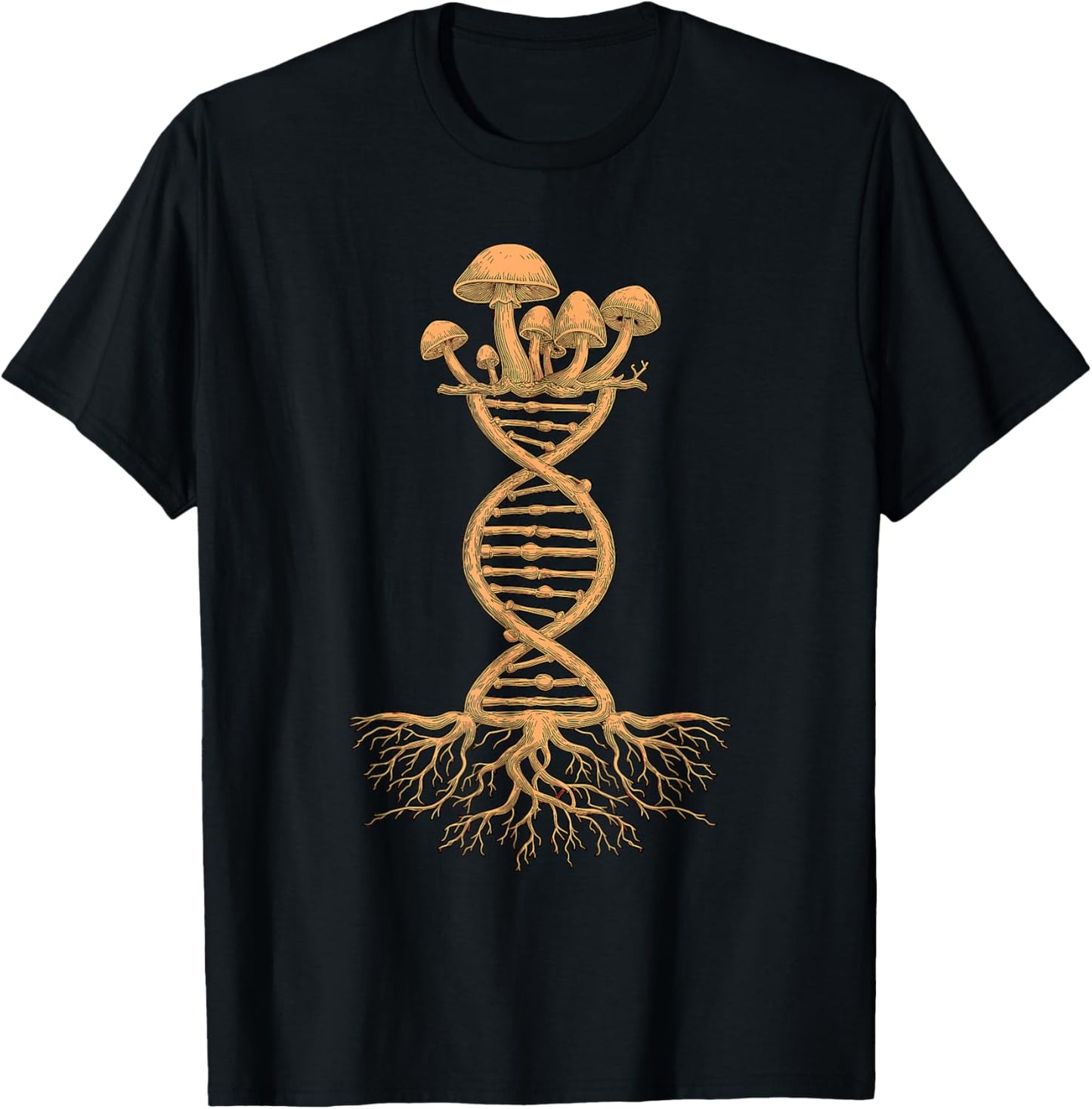 Mushroom DNA Helix Design with Roots and Fungi Artwork T-Shirt - T-Shirt | Black