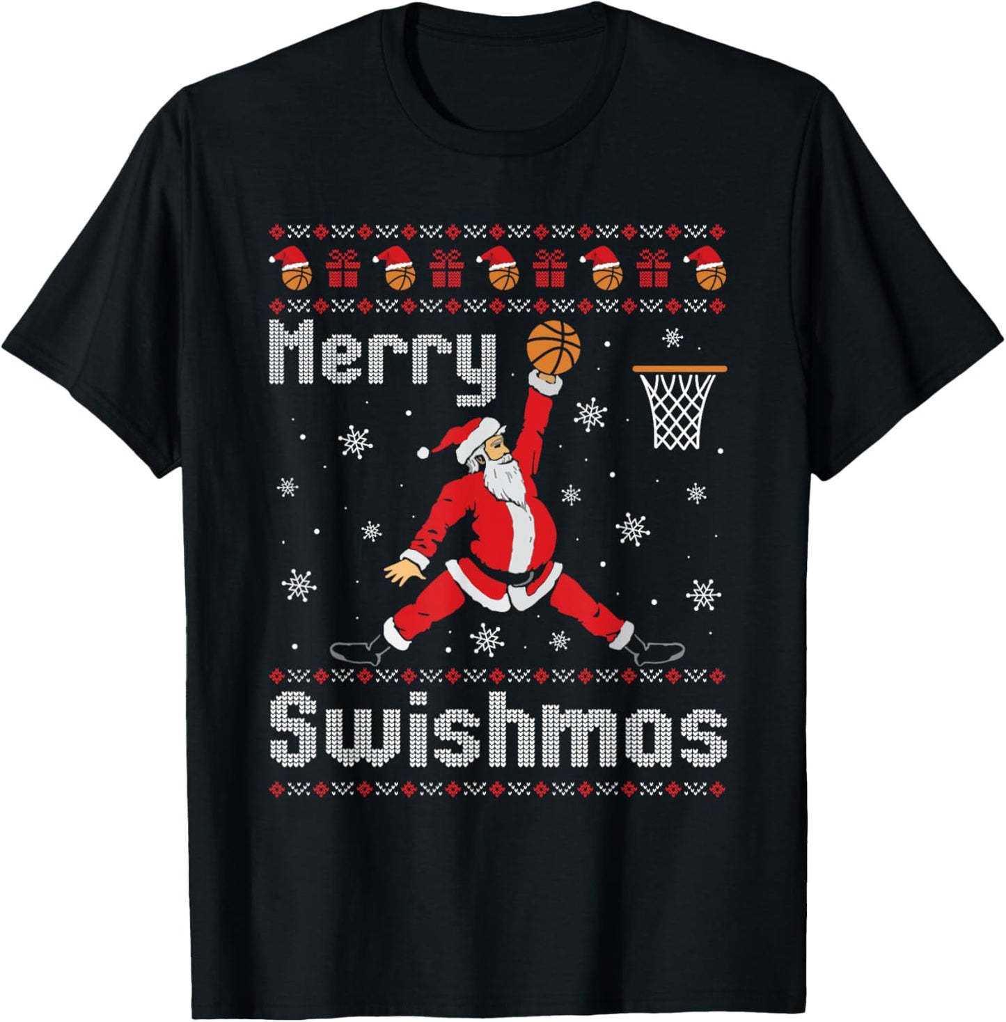 Merry Swishmas Basketball Dunk Rebound Santa Christmas Party T-Shirt - T-Shirt | Black