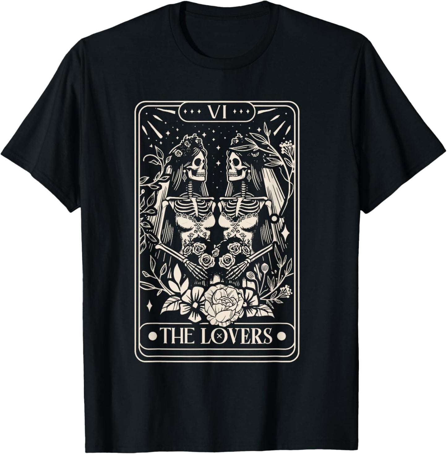 Tarot Card The Lovers Rainbow Kissing Lesbian Skeletons T-Shirt - T-Shirt | Black