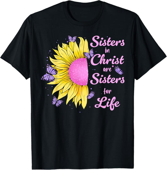 Sisters in Christ Pretty Sunflower And Butterfly Christian T-Shirt - T-Shirt | Black