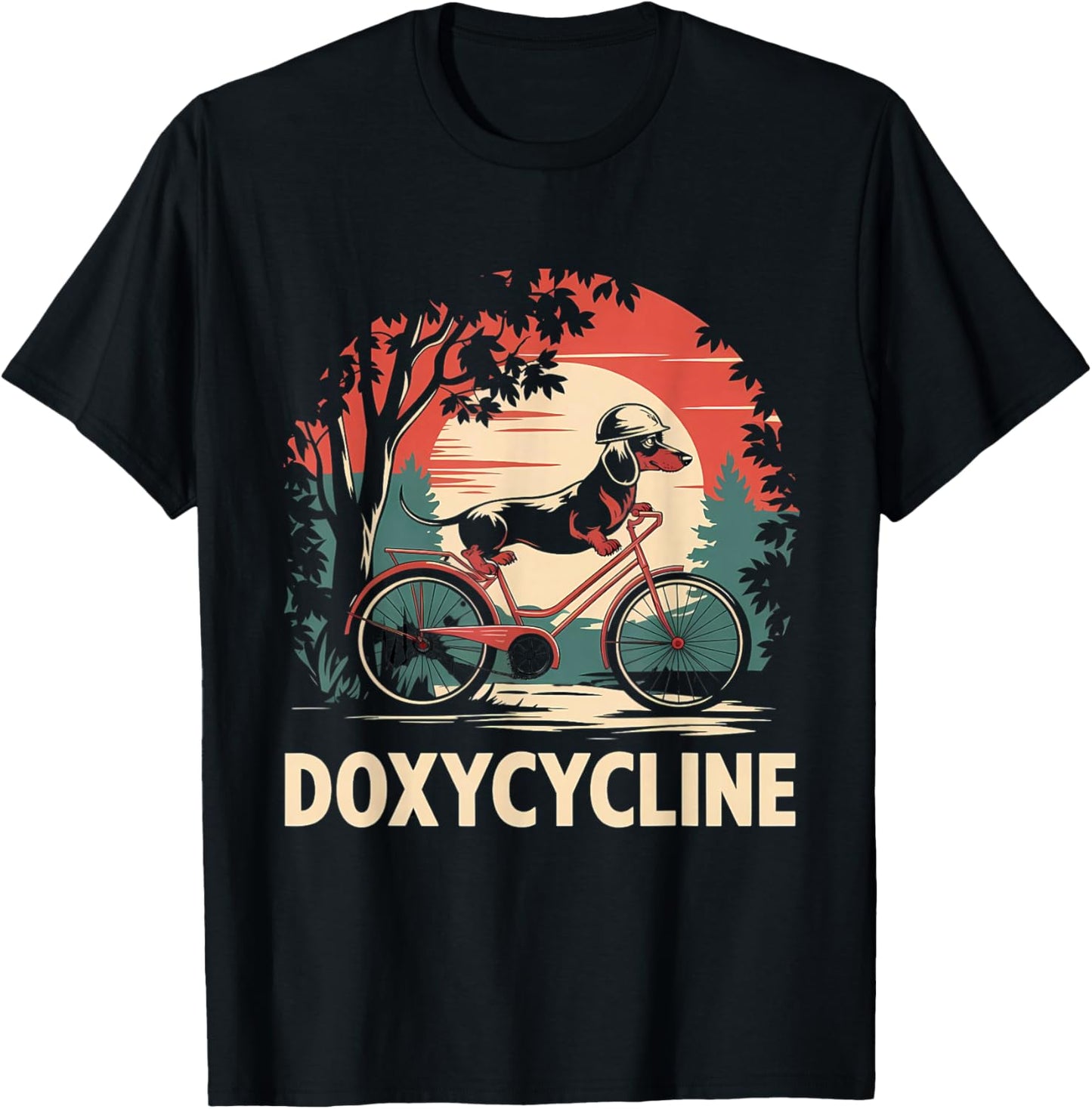 Dachshund on Bicycle Doxycycline Pharmacy Pun Dog Pharmacist T-Shirt - T-Shirt | Black