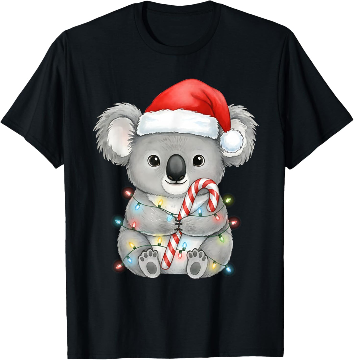 Koala Christmas Lights Santa Hat Snow Holiday Animal Love T-Shirt - T-Shirt | Black