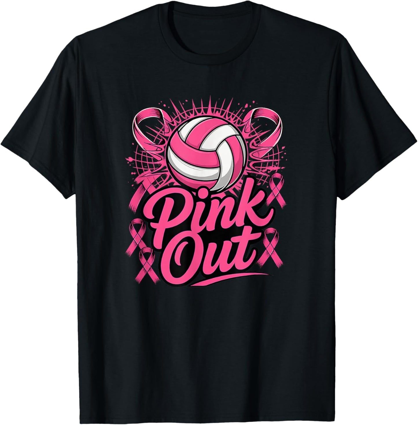 Volleyball Pink Out Breast Cancer Awareness Pink Ribbon T-Shirt - T-Shirt | Black