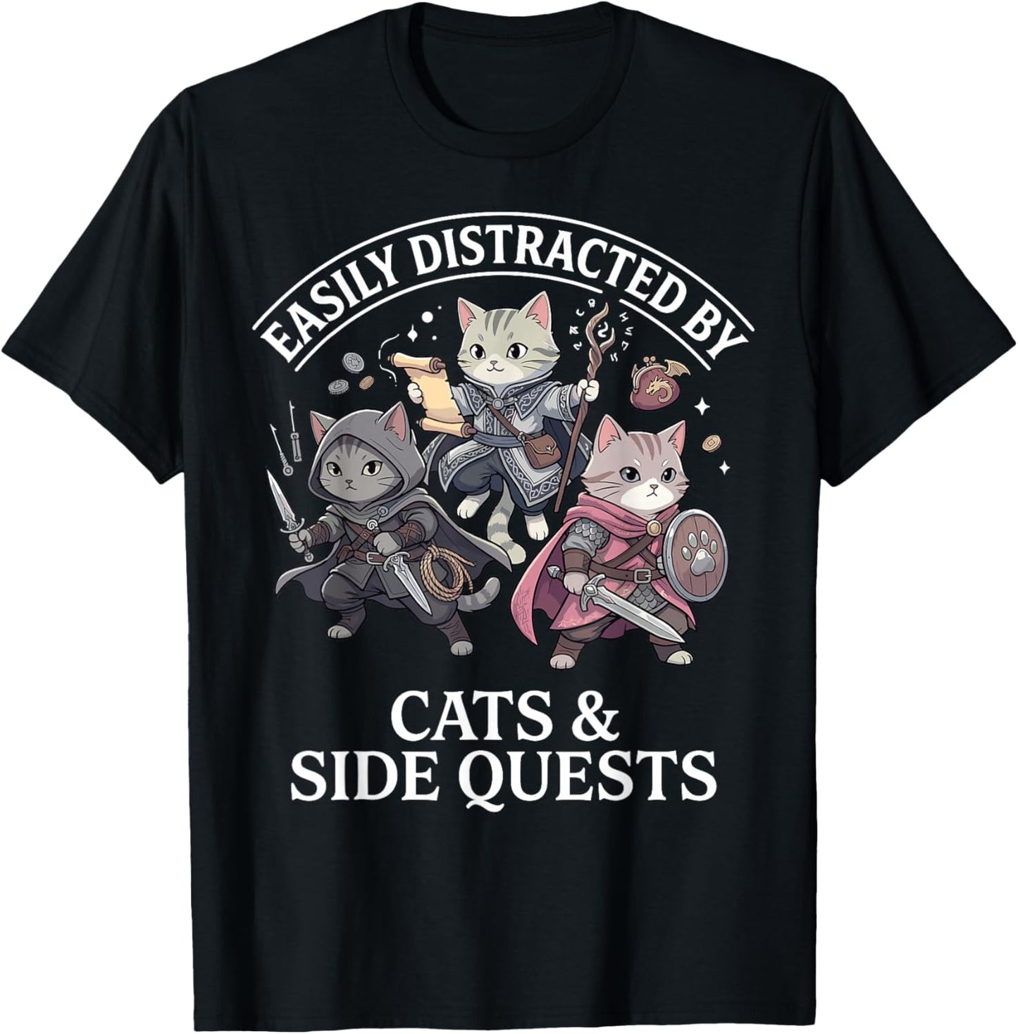 Easily Distracted by Cats Side Quests RPG Gamer Funny T-Shirt - T-Shirt | Black
