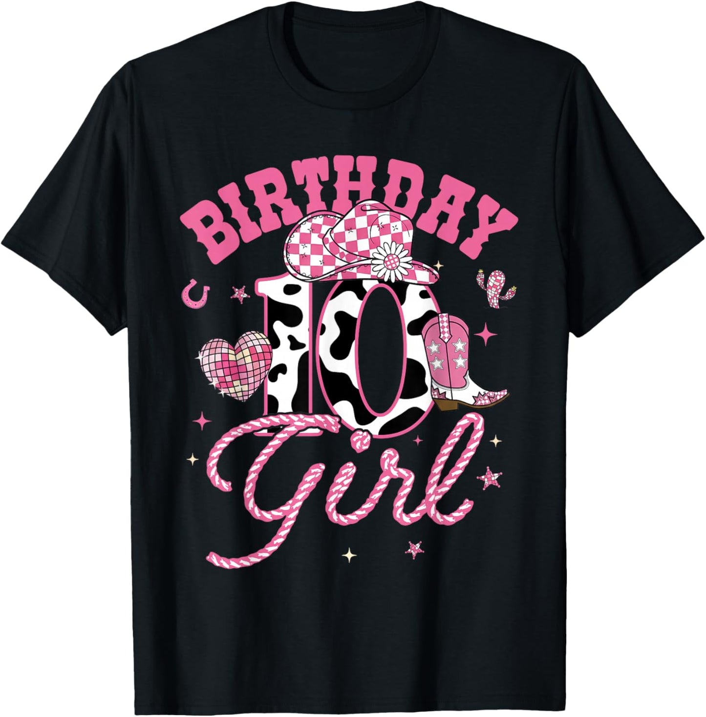 Kids 10 Year Old 10th Birthday Pink Cowgirl Birthday Girl T-Shirt - T-Shirt | Black
