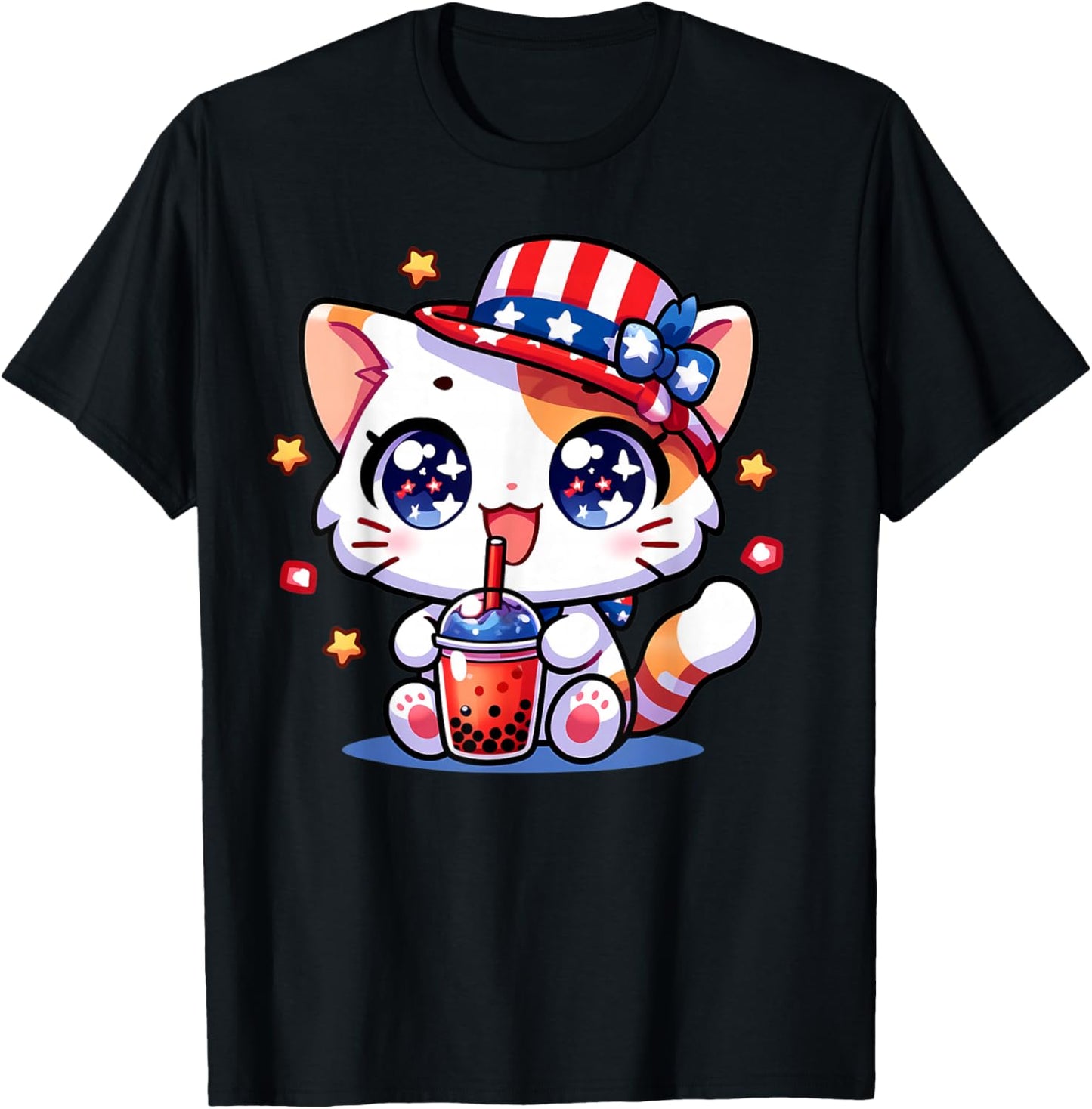 Cute 4th of July Cat Shirt Girls Kids Kawaii Anime Boba Tea T-Shirt - T-Shirt | Black