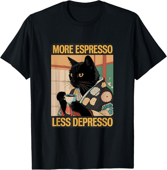 More Espresso Less Depresso Japanese Funny Cat T-Shirt - T-Shirt | Black