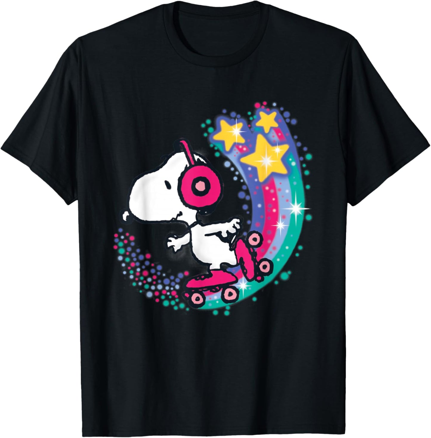 Peanuts Snoopy Roller Skating Star Powered Rainbow T-Shirt - T-Shirt | Black