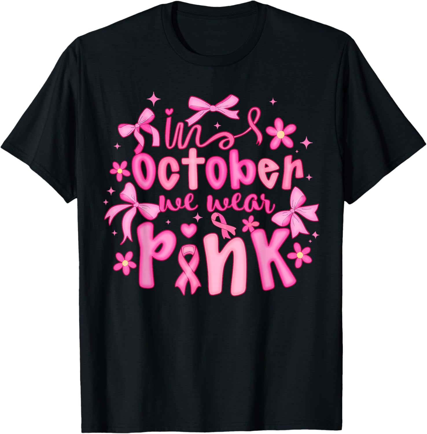 in October We Wear Pink Coquette Bow Breast Cancer Awareness T-Shirt - T-Shirt | Black