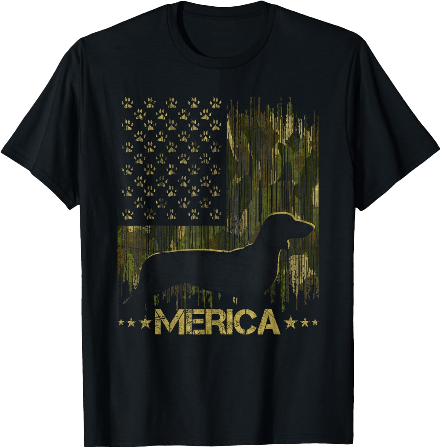 Vintage Camouflage USA Flag Merica Dachshund Dog Silhouette Men Women Kids T-Shirt - T-Shirt | Black