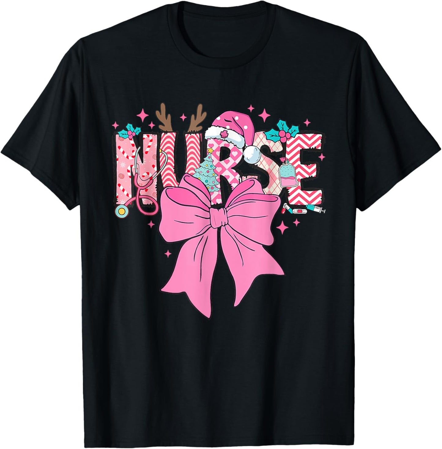Coquette Nurse Christmas Nursing Pink Tone Bow Xmas Plaid T-Shirt - T-Shirt | Black