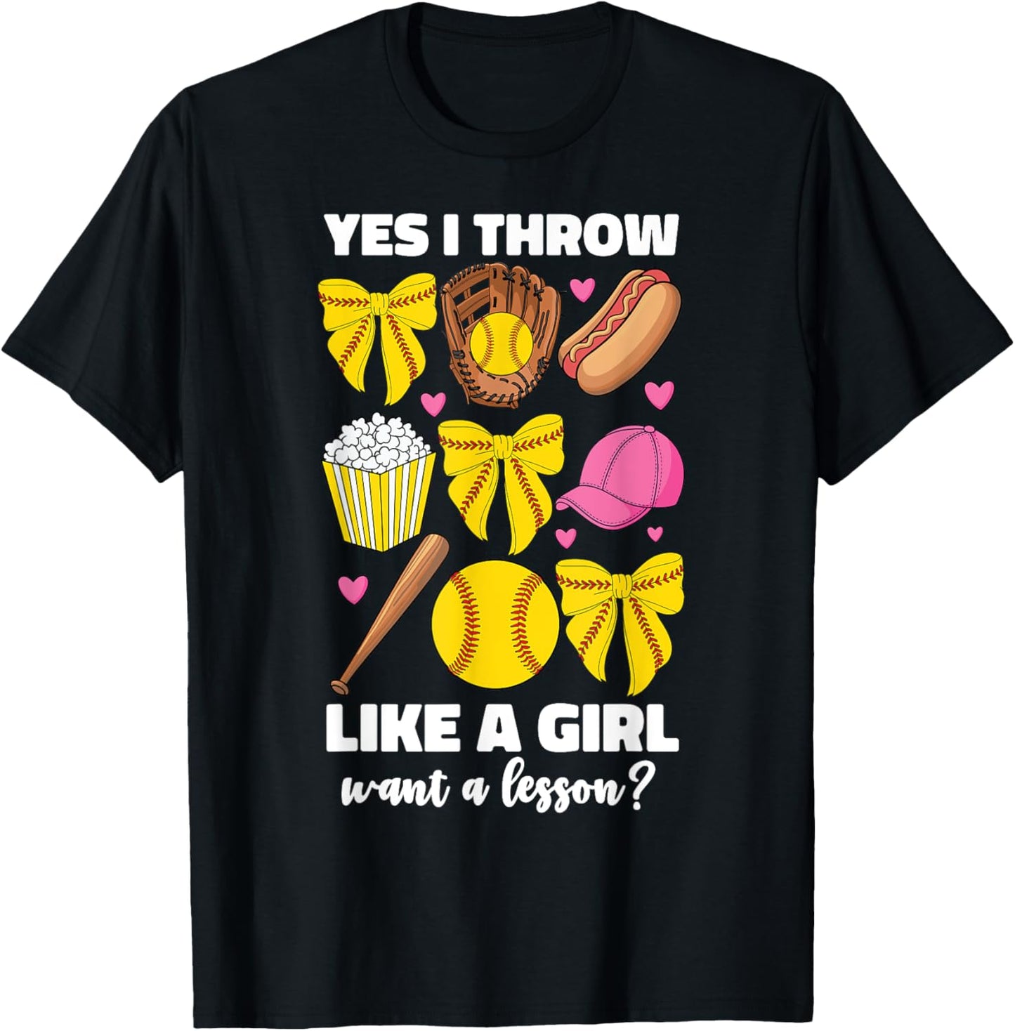 Yes I Throw Like A Girl Funny Softball Women Girls Kids Bow T-Shirt - T-Shirt | Black