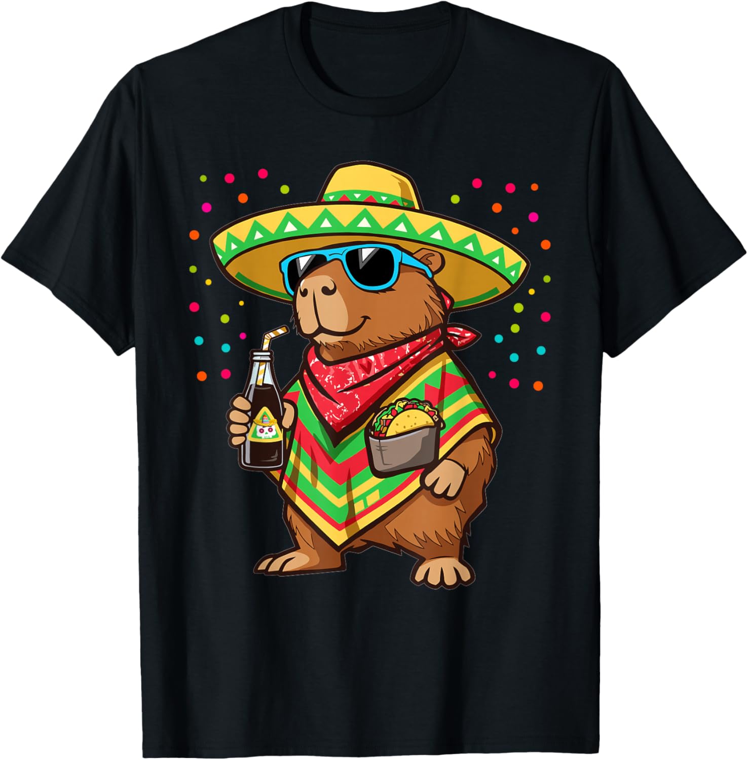Funny Cinco De Mayo Capybara Sombrero Taco Fiesta Mexican T-Shirt - T-Shirt | Black