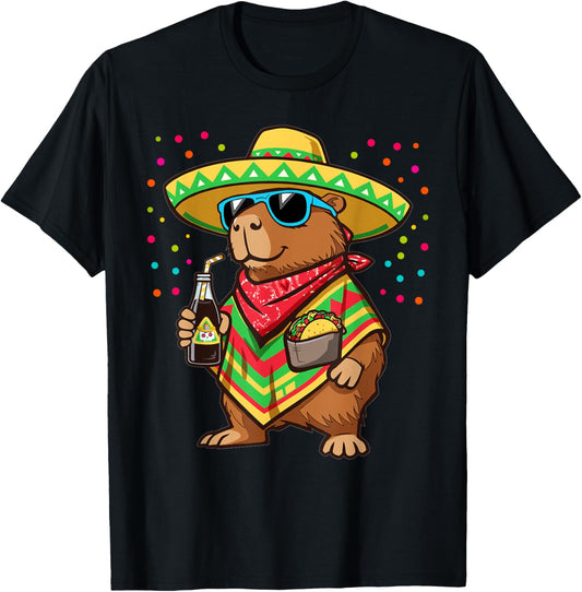Funny Cinco De Mayo Capybara Sombrero Taco Fiesta Mexican T-Shirt - T-Shirt | Black