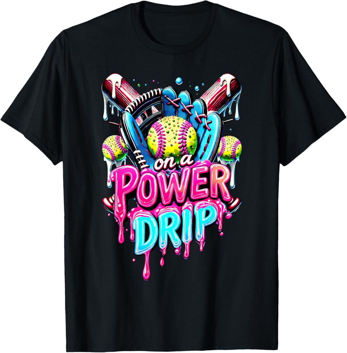 On A Power Drip Softball Ice Cream Dripping With Sprinkles T-Shirt - T-Shirt | Black