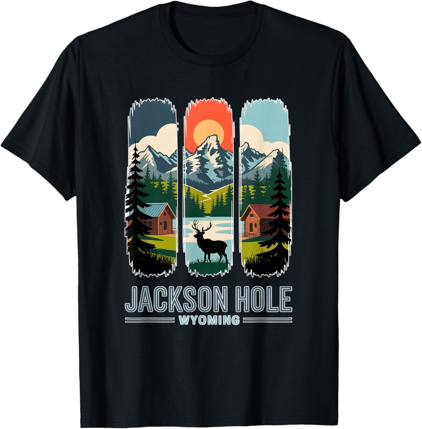 Jackson Hole Wyoming Elk Mountain Cabin Retro Travel Art T-Shirt - T-Shirt | Black