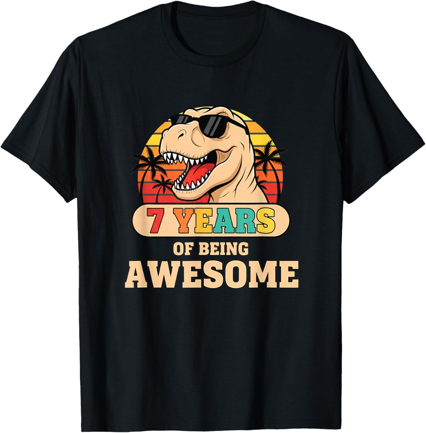 Baseball 7 Years of Being Awesome 7th Birthday Retro Dino T-Shirt - T-Shirt | Black
