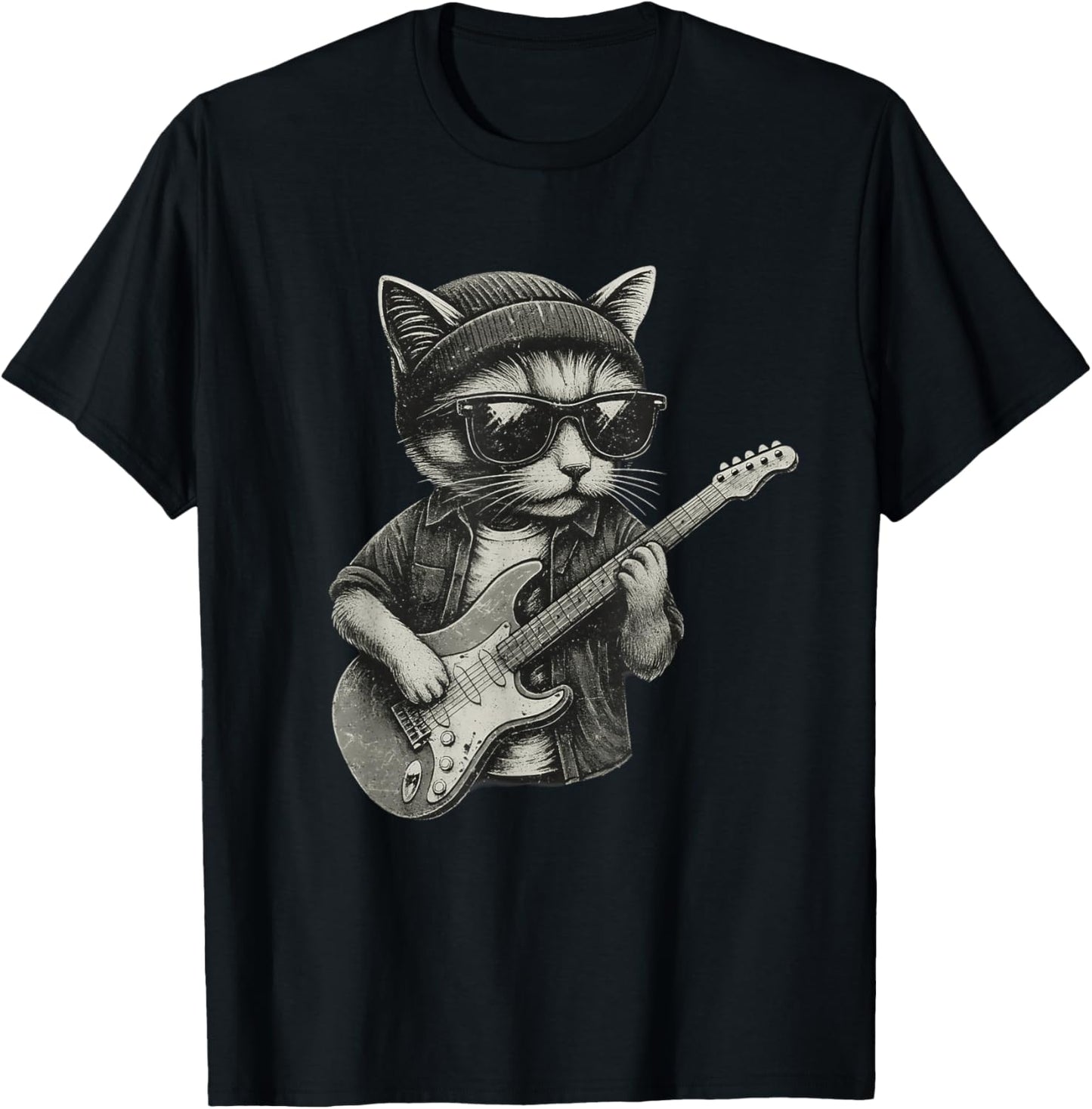Chill Cat Playing Guitar Rock Music Funny Animal T-Shirt - T-Shirt | Black