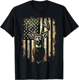 Deer Hunting American Flag Camo USA Hunter T-Shirt - T-Shirt | Black
